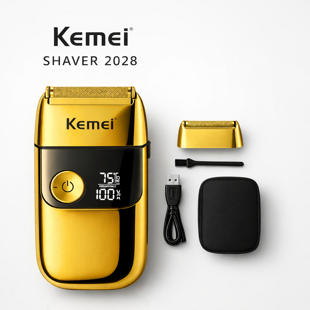 Máquina Shaver Dourada Kemei Barbeador Barba Km-2028 Recarregável Sem Fio Sem Pelo