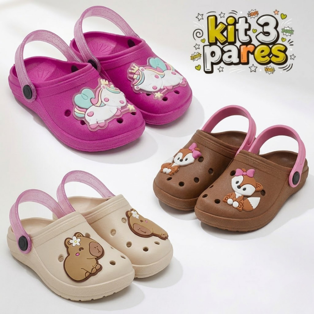 Kit 3 Babuche Infantil Feminino Com Animais Fofos Chinelo Menina Macio Confortável