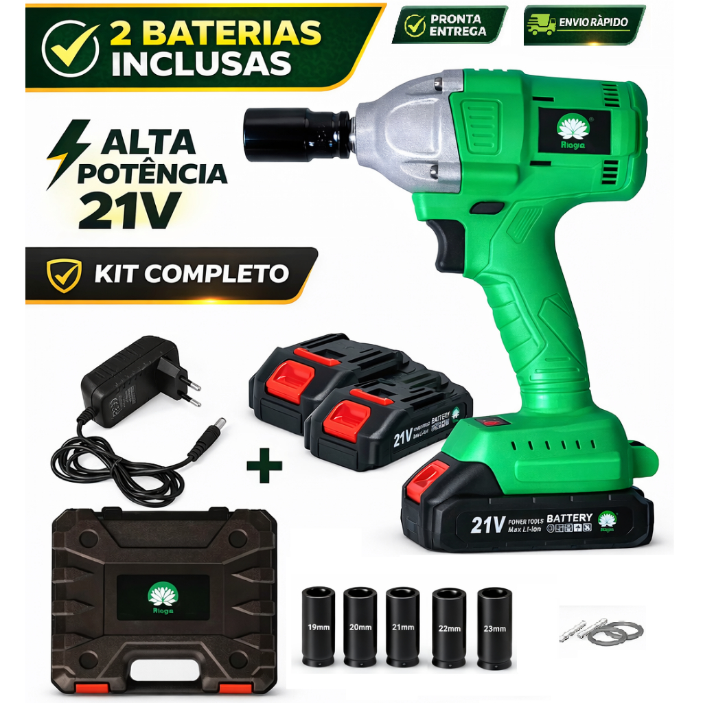 Chave de Impacto Sem Fio 350Nm 3200RPM Kit Completo Com Maleta e Soquetes + 2 Baterias Hagra