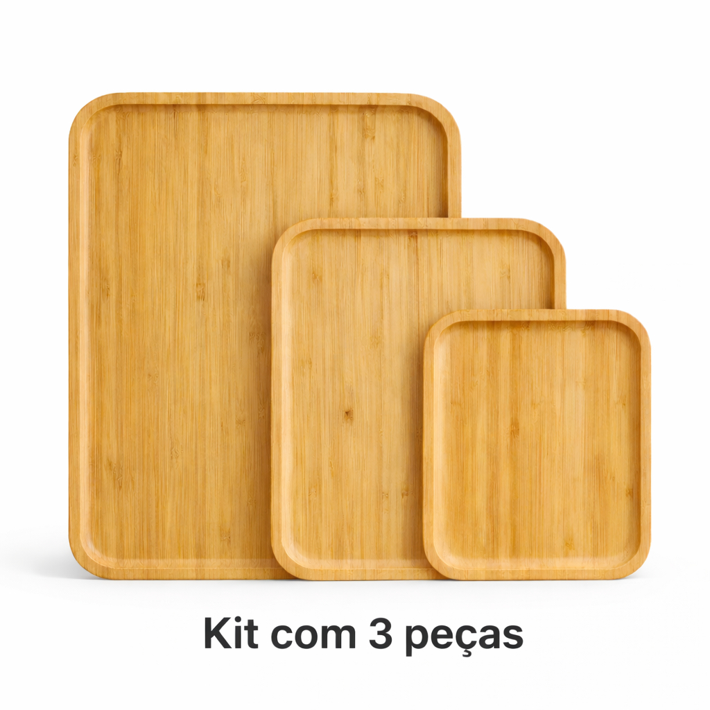 Kit 3 Bandejas de Bambu para Servir Café da Manhã Petiscos Frutas Decoração Cozinha Moderna elegante