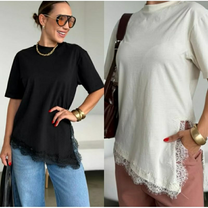 Max  T-shirt Blusa Assimétrica Feminina com Renda e Fenda Blusa Elegante Confortavel Moderna Tendência
