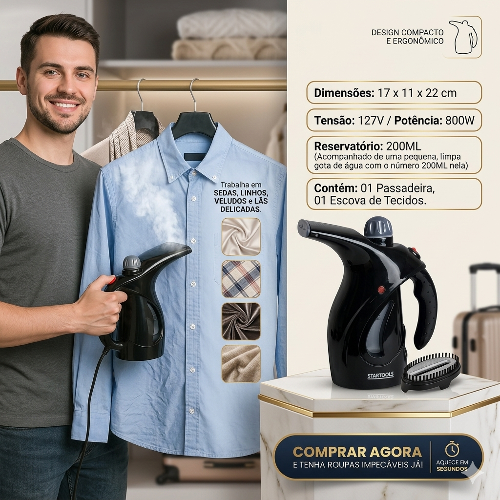 Startools Passadeira a Vapor127v Preta Vaporizador Desamassar Roupas