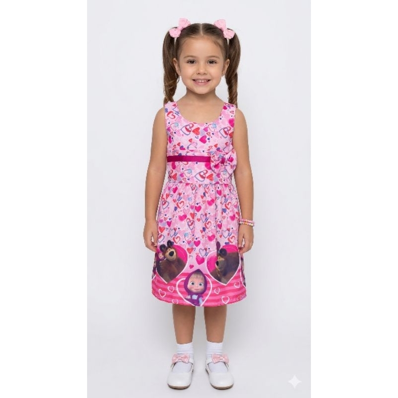 Vestido Infantil Masha e o Urso Temático Rosa Rodado Festa Menina.