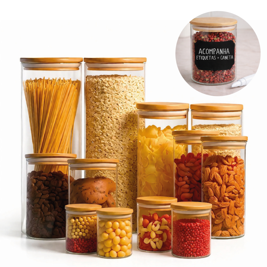 Kit 12 Unidades Potes Herméticos de Vidro Tampa Bambu Vedação Silicone Mantimentos Cozinha Completo