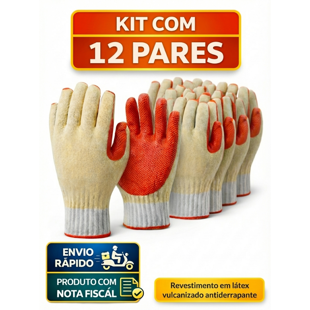 12 Pares Luva Emborrachada EPI Rubber Resistente Vulcanizado Proteção Segurança Antiderrapante