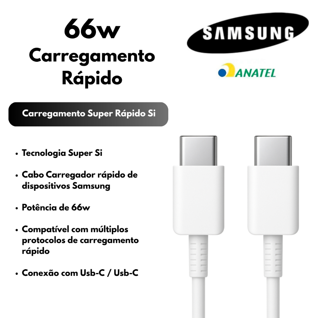 Cabo Samsung Original Tipo C Turbo - Carregamento Rápido A05 A06 A15 A16 A25 A35 A55 S24 S25 M55