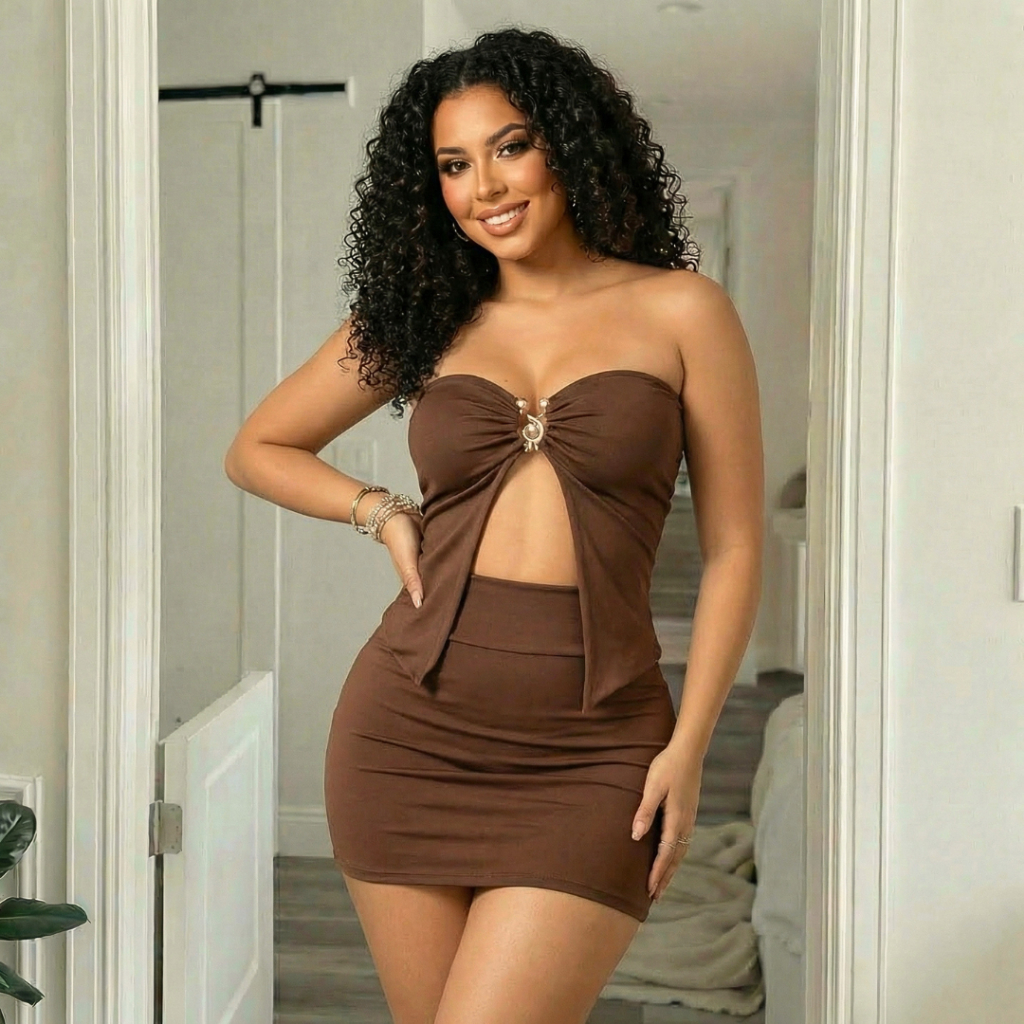 Conjunto Feminino Cropped Top + Saia Curta Justa – Look Blogueirinha Festa Balada - CJ 04