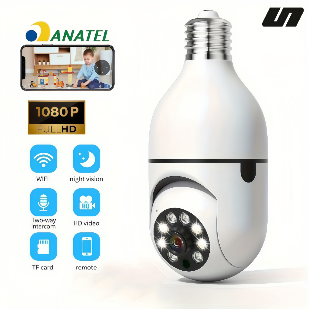 Câmeras segurança wifi ip sem fio 360° encaixe lampada Infravermelho sem fio ptz full HD - 8177