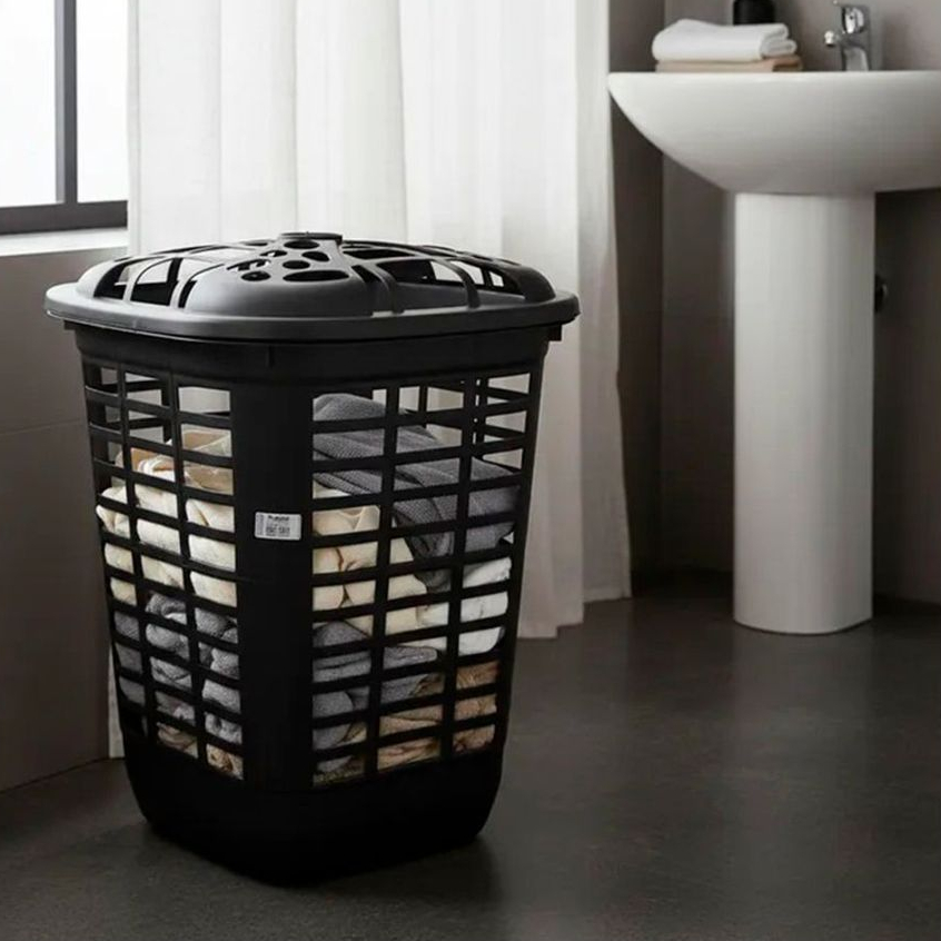 Cesto Para Roupa Suja Telado 60 Litros Preto Resistente Lavanderia/Banheiro Com Tampa - Inplast