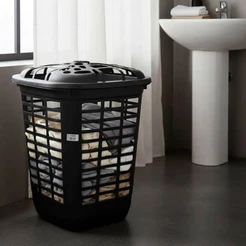 Cesto Para Roupa Suja Telado 60 Litros Preto Resistente Lavanderia/Banheiro Com Tampa - Inplast