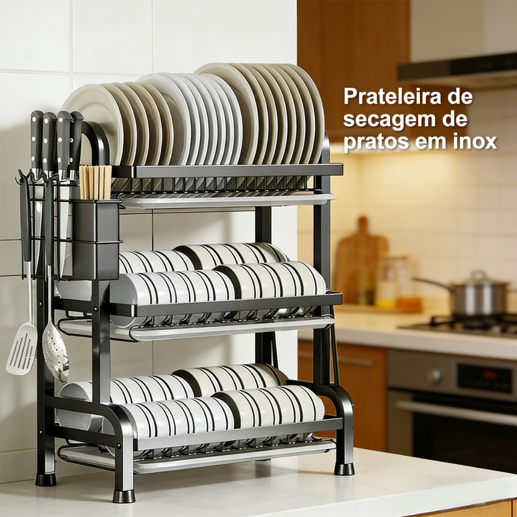 Escorredor De Louças 3 Andar Aço Inoxidável Organizador Moderno Com Porta Talher e Bandeja em Oferta na Shopee
