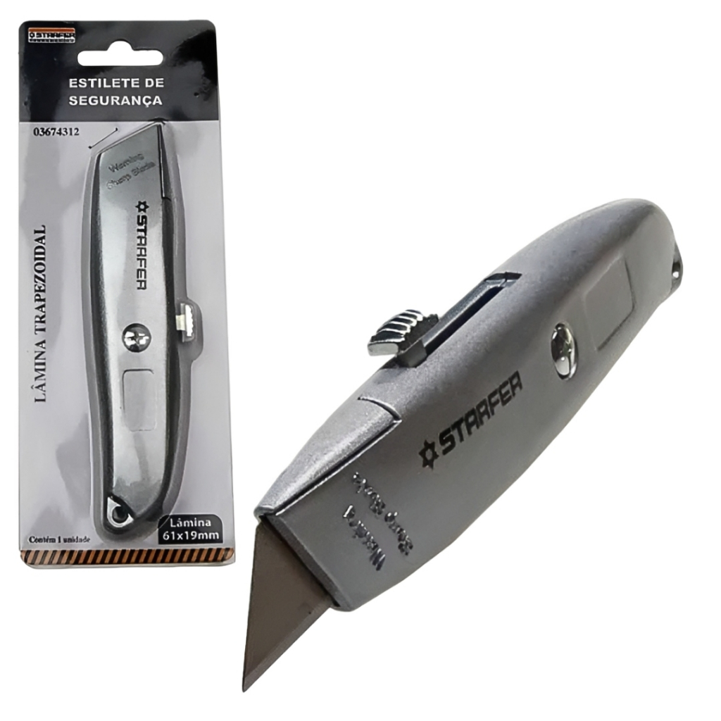 estilete lamina retratil trapezoidal com botão deslizante starfer