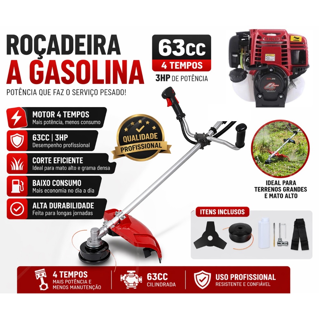 Motor Roçadeira 63cc 4 Tempos a Gasolina Original Profissional Alta Potência GX35