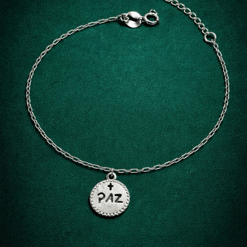 Pulseira Medalha Paz Vazada em Prata 925 Joia Delicada e Simbólica