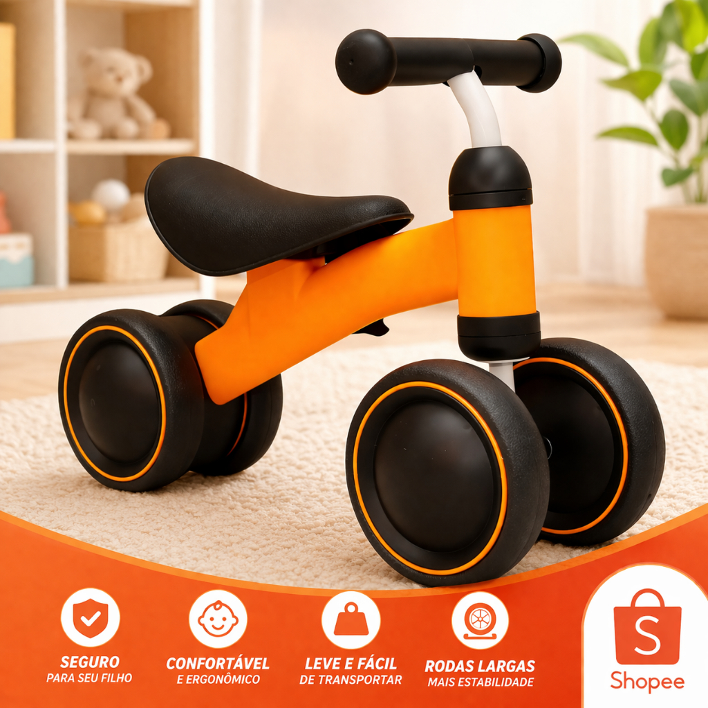 Bicicleta De Equilíbrio Bebê Andador sem Pedal 4 Rodas Infantil Criança do Bebe