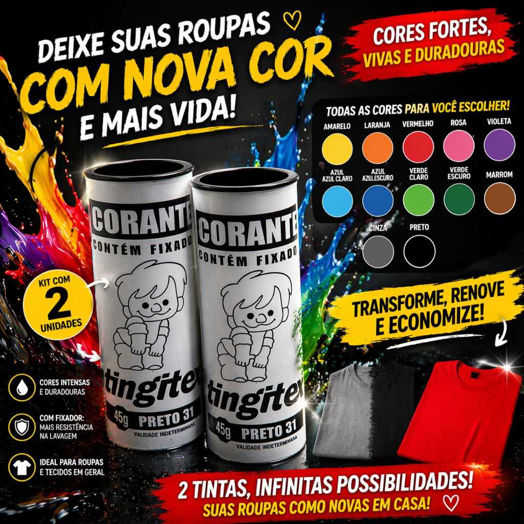 Kit 2 Corantes Para Roupa Com Fixador Tecido Tingir Roupas Reviver Cor Não Desbota Uso Doméstico 45g Algodão Viscose