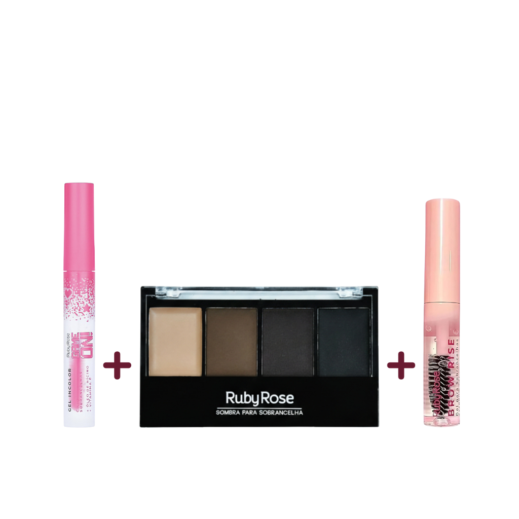 Paleta De Sobrancelha + Gel Fixador Brow Rise + Gel Incolor Cílios e Sobrancelhas Ruby Rose®