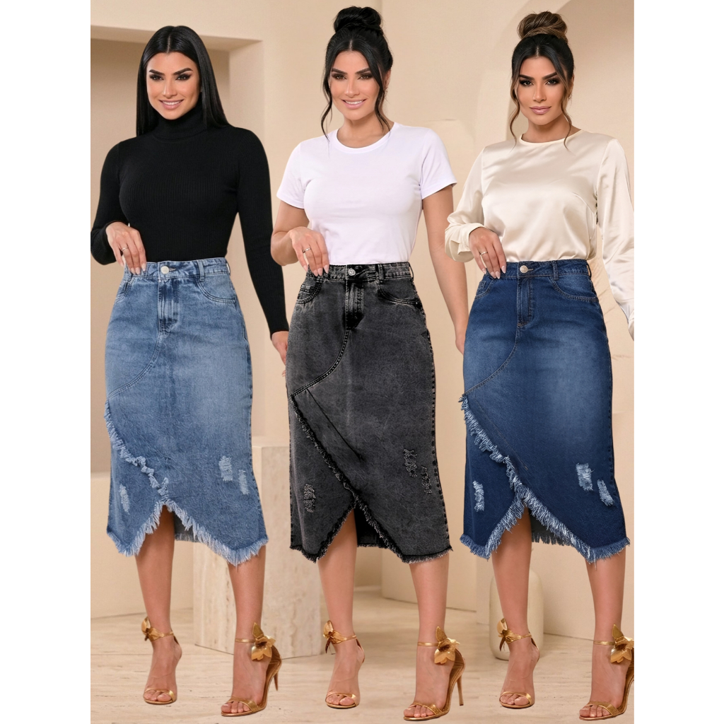 Saia Jeans Midi Cintura Alta Desfiada Rasgadinha Sem Elastano Alta Qualidade
