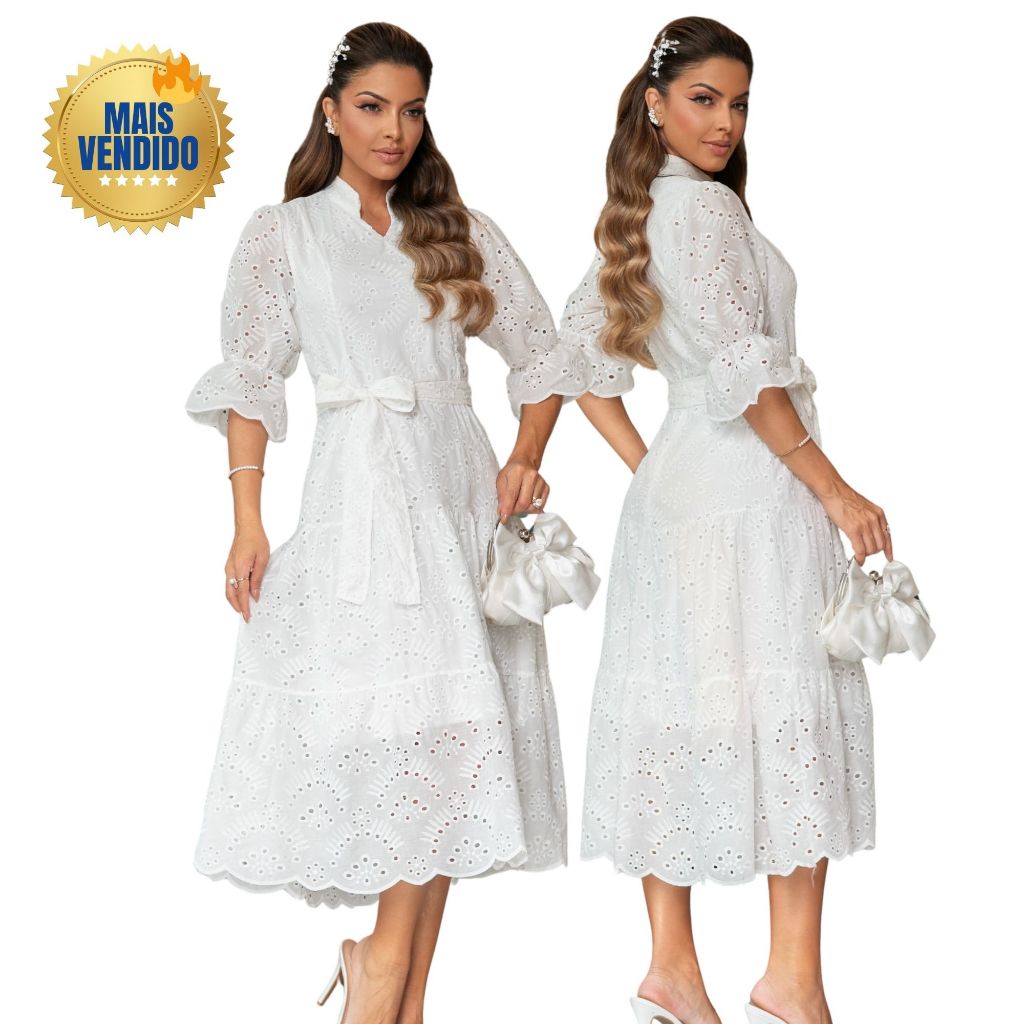 Vestido Feminino Bela Midi Laise Algodão Elegante Lindo Para Igreja Casamento Noivados Batizados