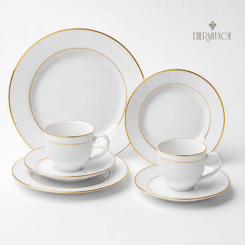 Aparelho de Jantar Porcelana Jogo Jantar 42 Peças  Majesty LegacySilver Gold Mesa Posta Hermitage