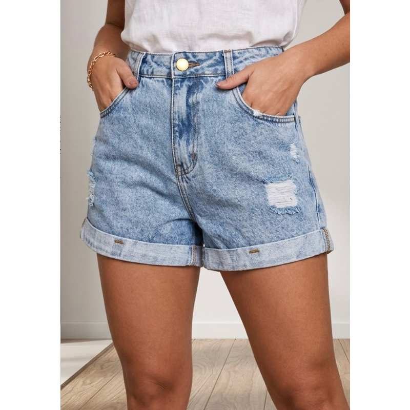Short Jeans Feminino Cintura Alta Destroyed | Barra Dobrada | Confortável