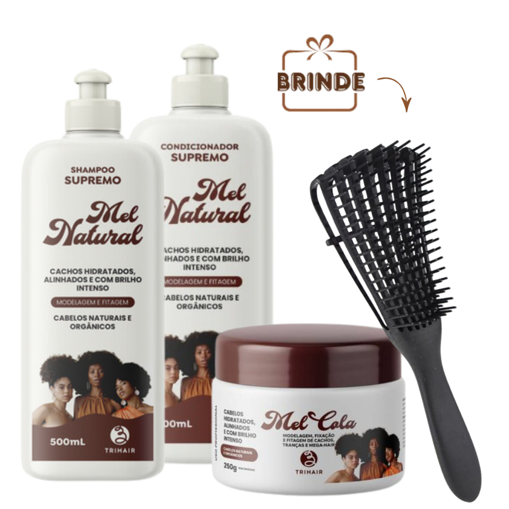 Kit Sh + Cond  Mel Natural + Mel cola 250g Modelagem Trihair