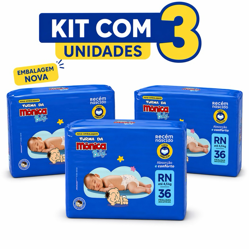 kit 3 pacotes Fralda RN Turma da Mônica 36un cada