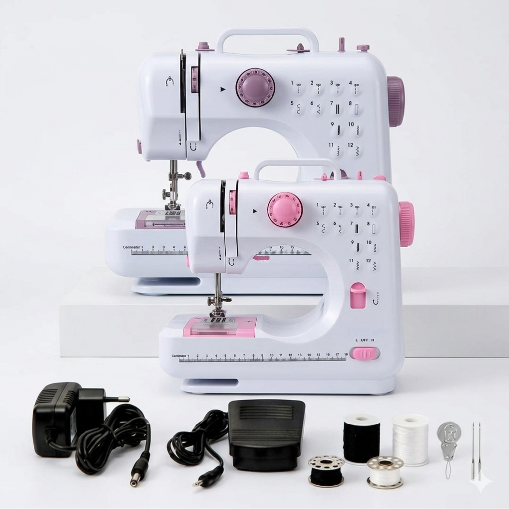 Máquina De Costura Elétrica Portátil 12 Pontos +  Pedal, Bobinas, Linhas e Fonte Bivolt 110v/240v