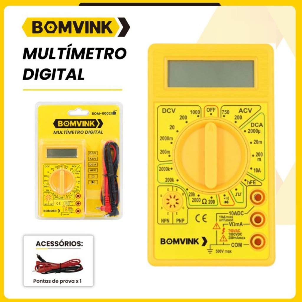Multímetro Digital DT-830 com bateria e ponta de teste (SEM BIPE)
