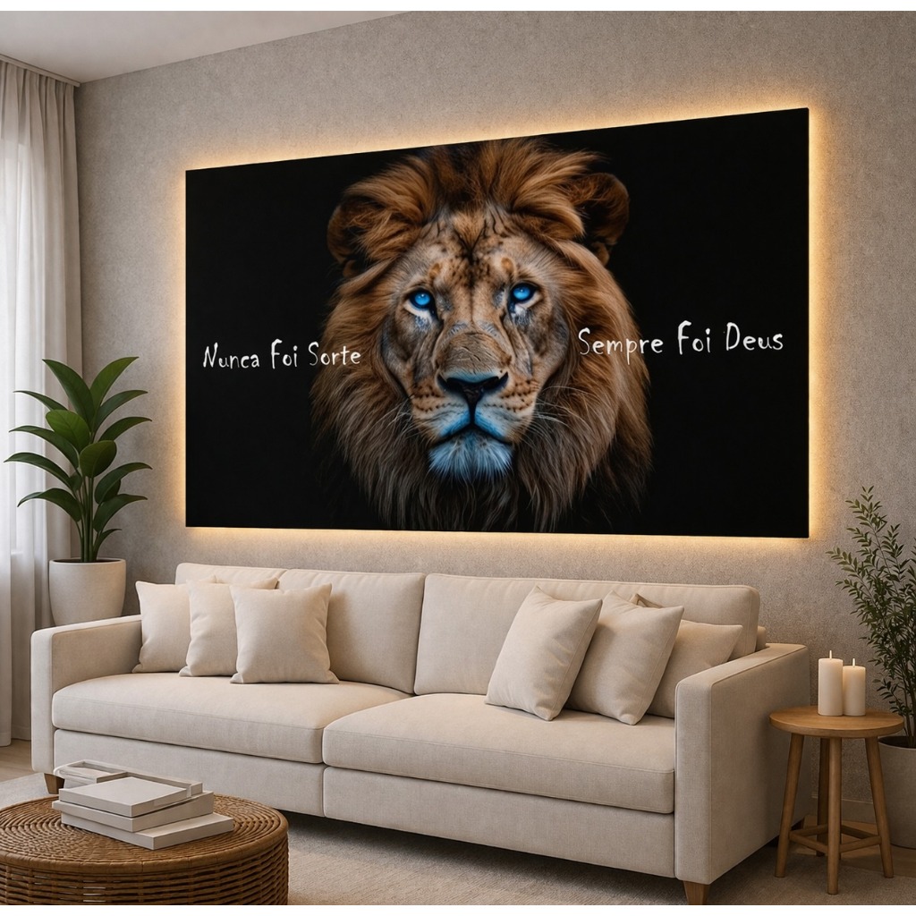 Quadros Decorativos Sala Grande 112X80 Leão Olhos Azuis Frases Nunca Foi Sorte 1 Peça Quarto Hd