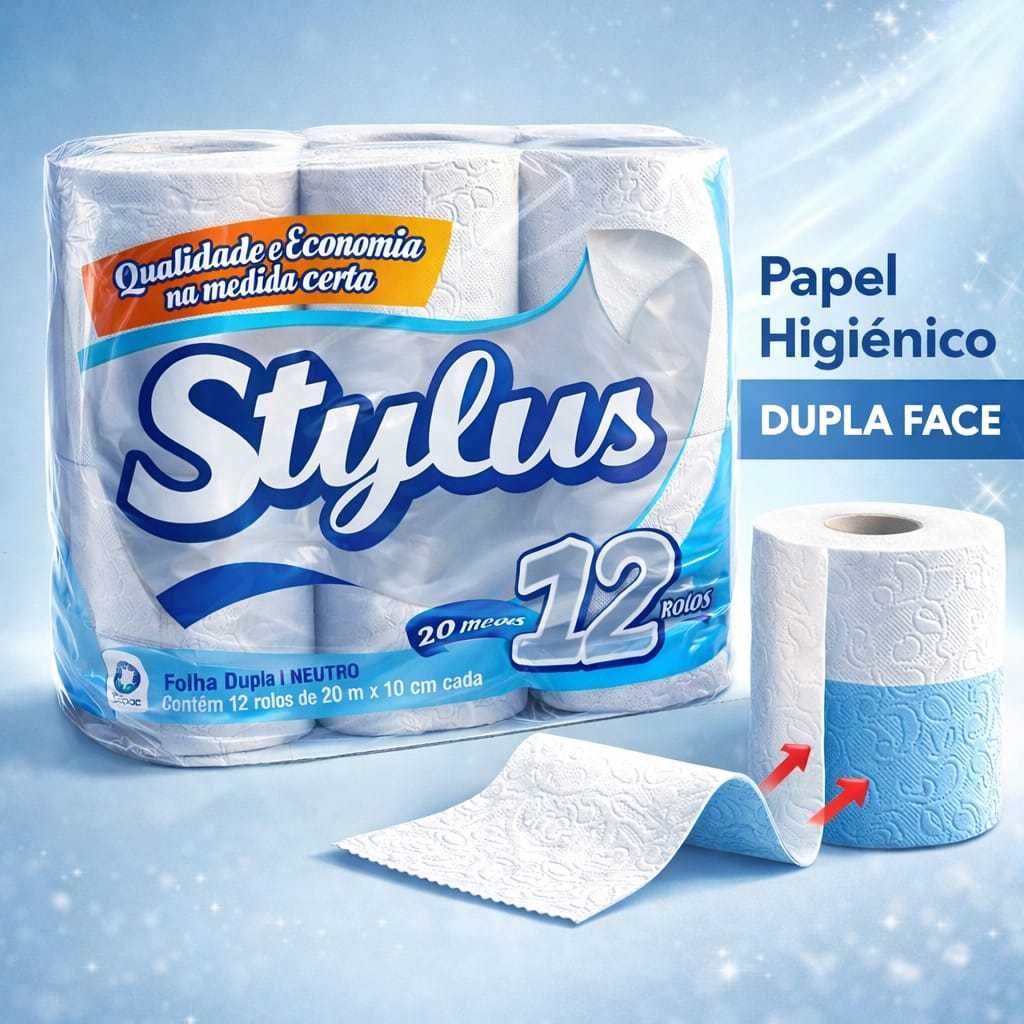 Papel Higiênico Stylus Folha Dupla 12 rolos com 20mx10cm 00% Fibras Celulósicas