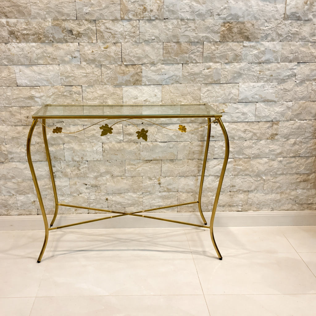 Aparador em Ferro Dourado Com Folhagens e com Tampo de Vidro 60cm Larg Mesa de Luxo Decoração Clean