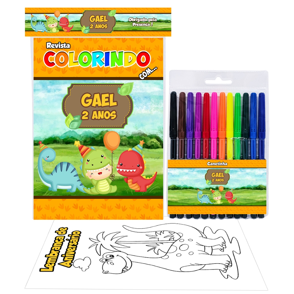 5 Livro de Colorir + Canetinha 12 cores Dinossauro Baby Lembrancinhas Personalizadas Festa Infantil