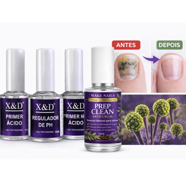 Kit 10ml Preparadores Primer Ácido + Primer Não Ácido + Regulador De PH Unhas De Gel Acrigel E Porcelana+ANTIFUNGOS