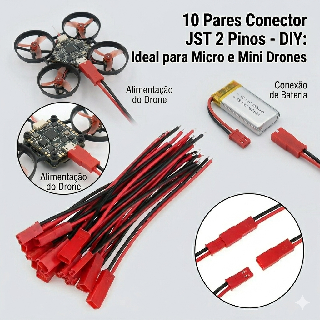 10 Pares Conector JST 2 Pinos Macho Fêmea com Cabo Plug Bateria LiPo Arduino Drone LED JST SM