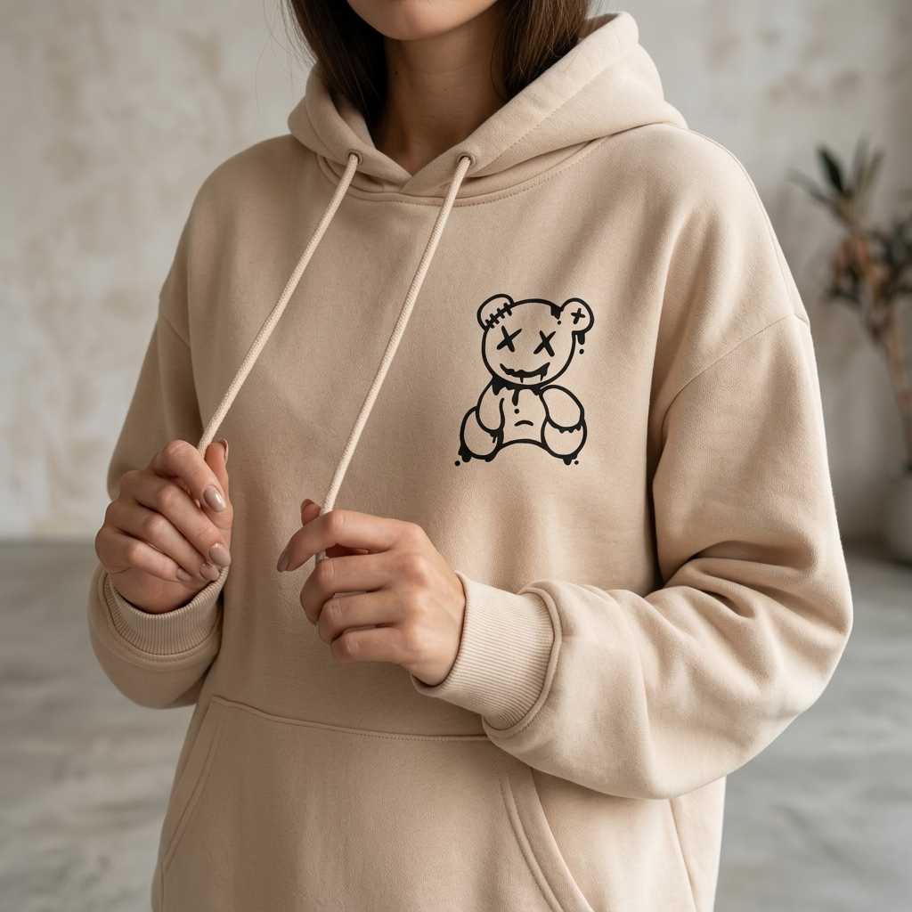 Blusa Moletom Capuz Canguru Algodão Estampado Casual Unissex Promoção Quentinho Frio Bege Urso