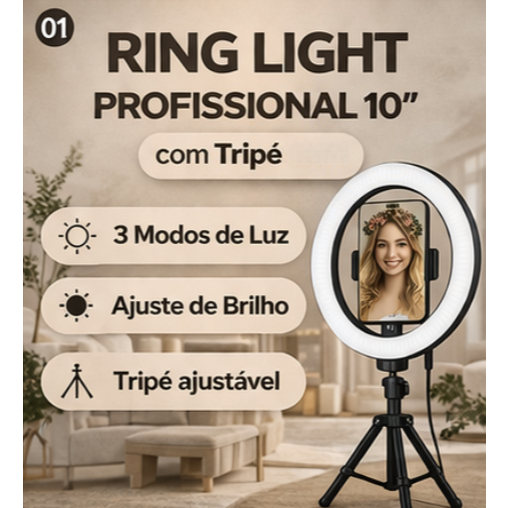 Ring Light LED 10 Polegadas 26CM com Tripé 2.1M/14cm Iluminador Profissional USB 3 Cores Luz para Vídeo TikTok Maquiagem