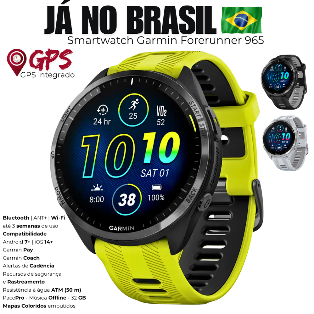 Smartwatch Relógio Garmin Forerunner 965 GPS multibanda Titânio e Tela Amoled 32GB de Memória Bluetooth Wi-Fi
