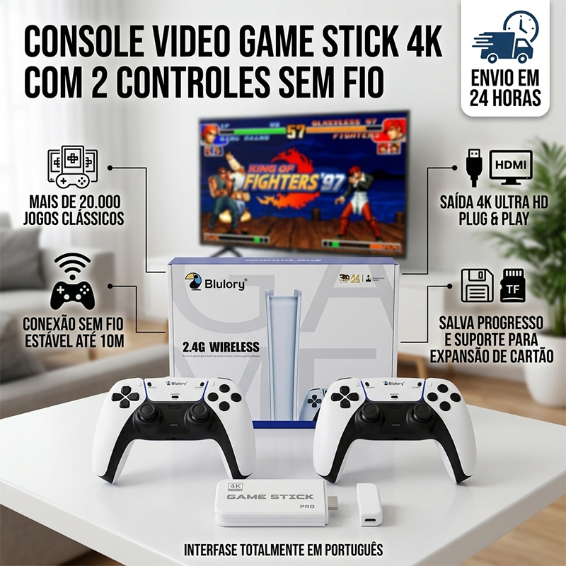 Video Game Stick M15 4K Ultra HD Retro - 20.000 Jogos - 2 Controles Sem Fio 2.4G - Emulador PS1/GBA/SNES - Console de Jo