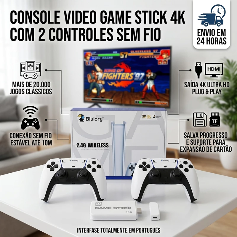 Video Game Stick M15 4K Ultra HD Retro - 20.000 Jogos - 2 Controles Sem Fio 2.4G - Emulador PS1/GBA/SNES - Console de Jo