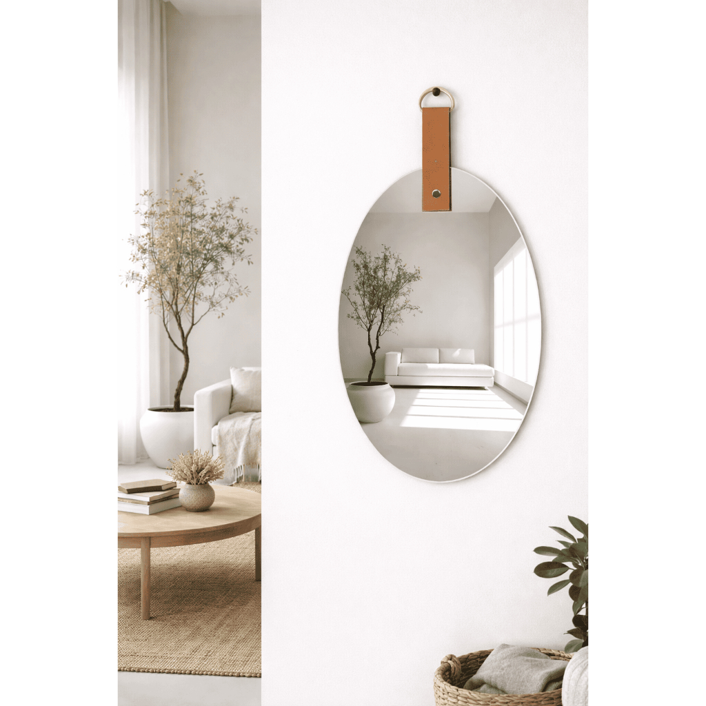 Espelho Lapidado Decorativo Oval com Alça de Couro 20x30cm – Estilo Moderno e Minimalista