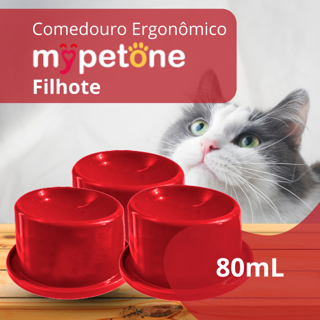 3 Comedouro Gato Filhote Ergonômico 80ml Mypetone Vermelho