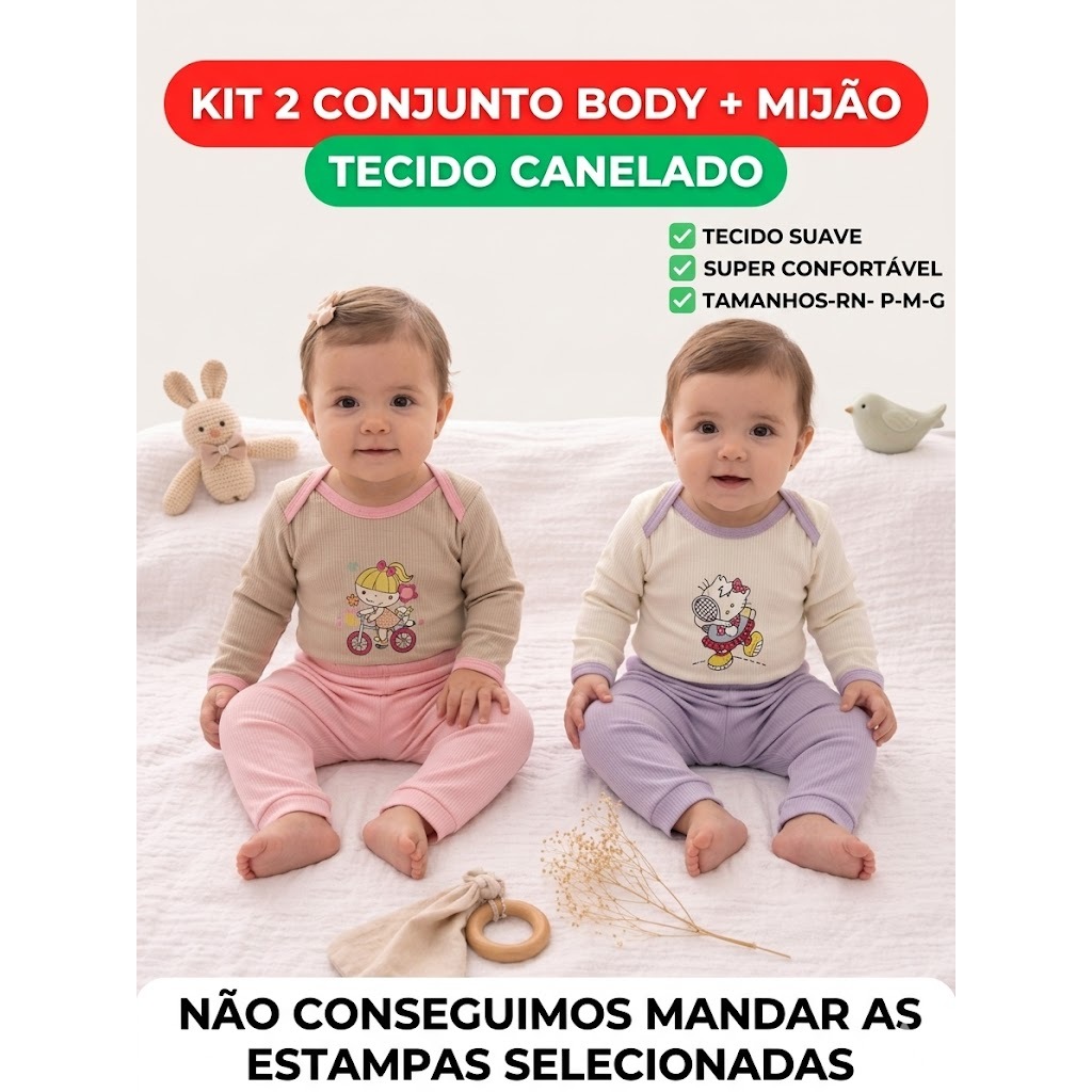 Kit 2 Body Manga Longa e Mijão Canelado Bebê Menina