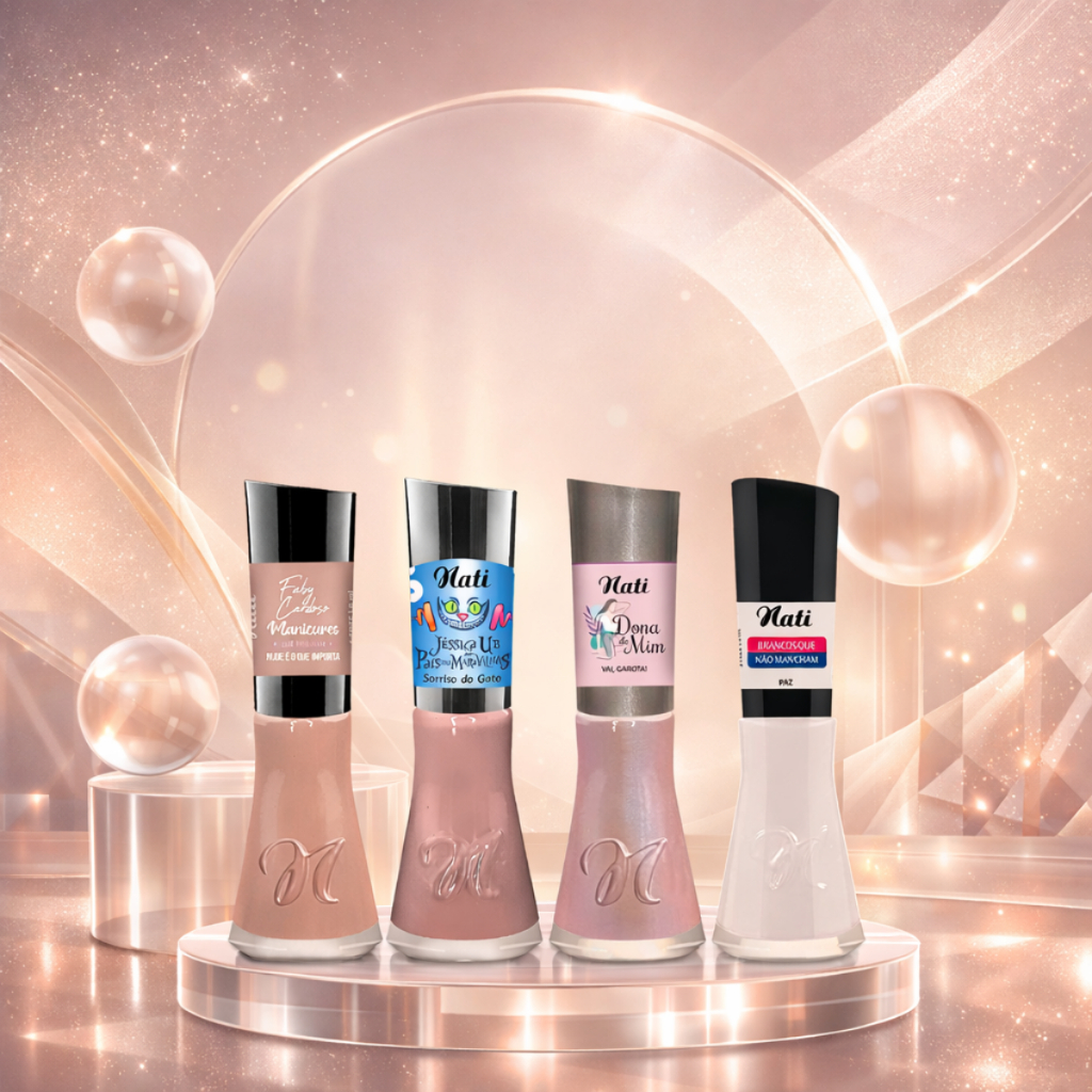 Kit 4 Esmaltes Nati Nude Cintilante Branquino Tendências Moda Manicures Atacado Delicado