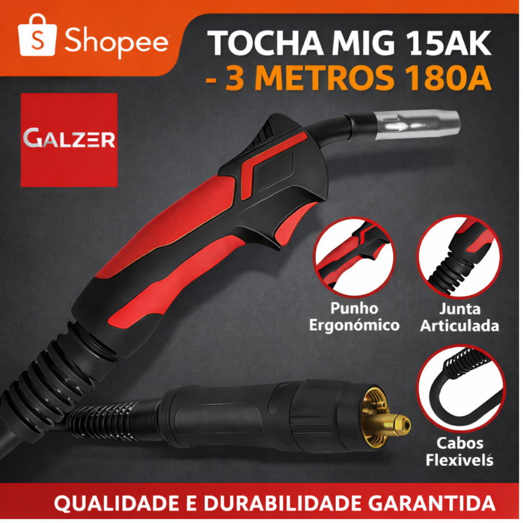 Tocha Maquina Inversora Solda Mig 3 Metros 180A 15AK Euro Conector Galzer Smarter Boxer Lynus Tork Bamboozi V8