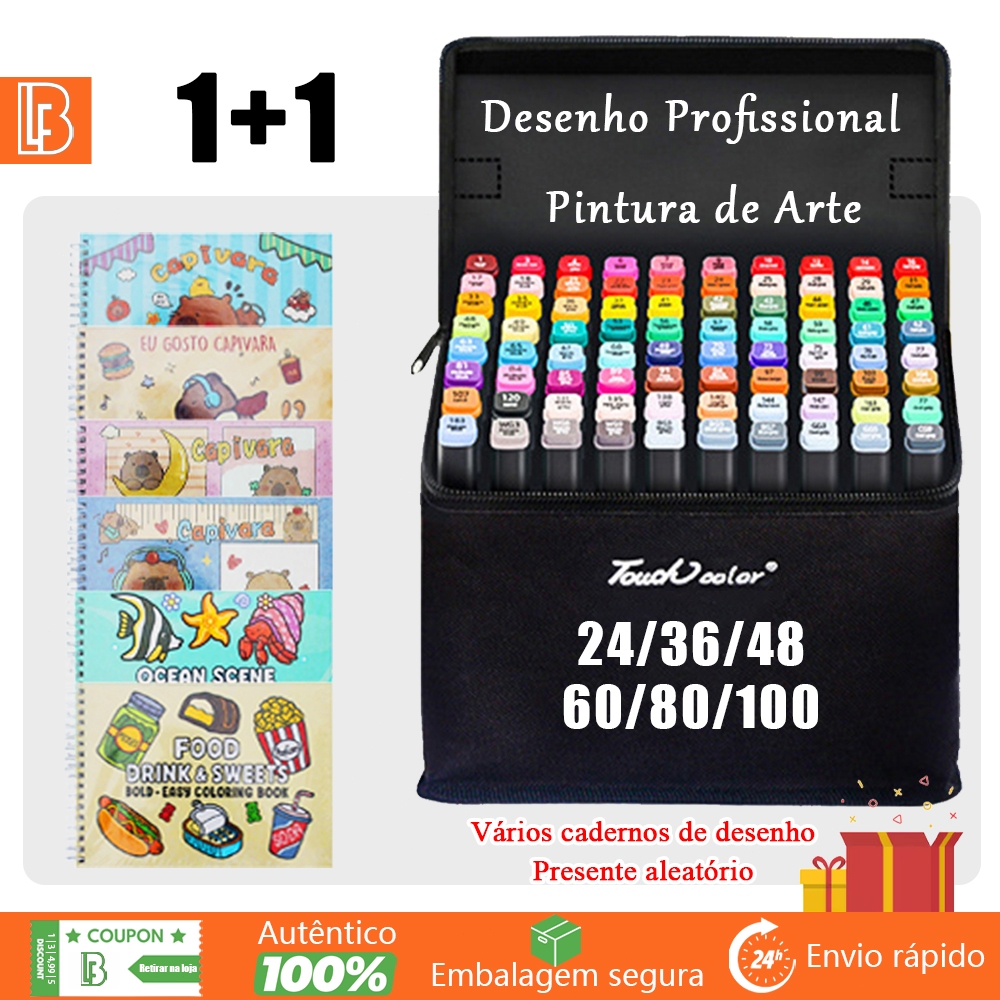 Kit Livro De Colorir Capa Dura 50 Páginas + 24/36/48/60/80 Cores Caneta Marcadora Com Ponta Dupla Pintura De Arte