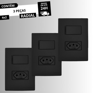 Kit 3 Interruptor Simples + Tomada 10A/20A Linha Ouro Preto Fosco RADIAL