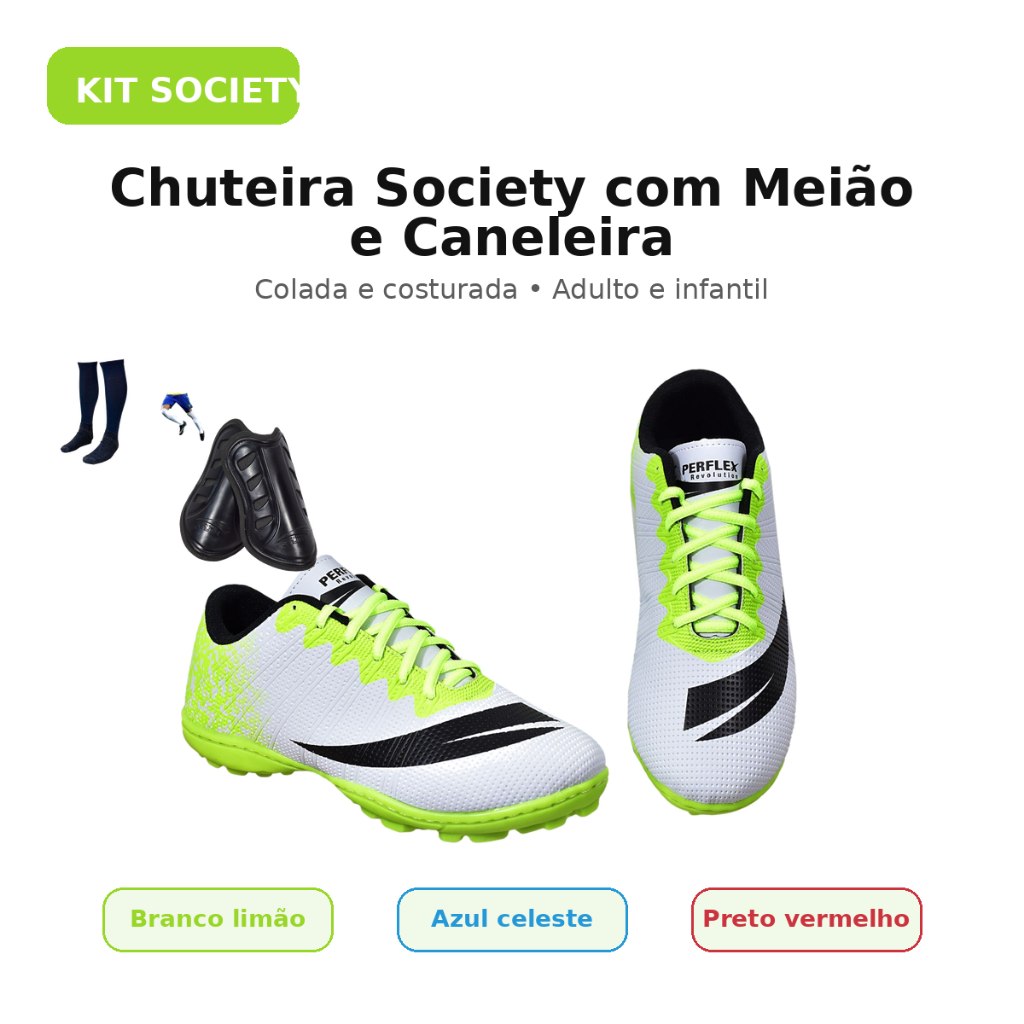 Chuteira Society com Meião e Caneleira Adulto Infantil Perflex