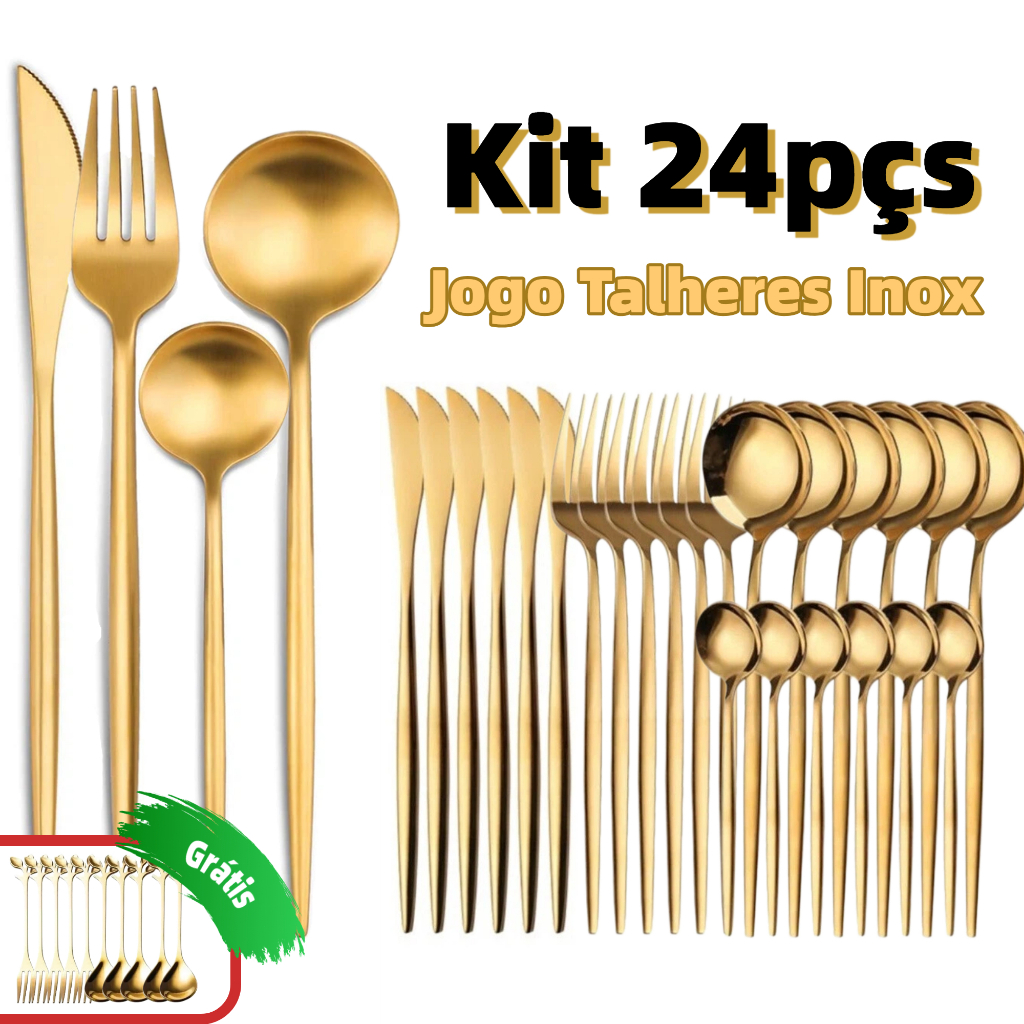 Kit 24 Jogo De Talheres Inoxidável 416 Suprimentos Cozinha Talheres Dourados Talheres