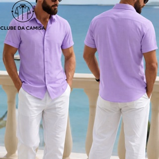 Camisa Masculina Lisa de Manga Curta em Poliéster com Elastano em Oferta na Shopee